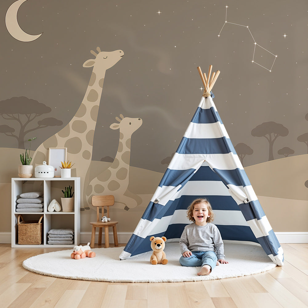 Giraffe mural wallpaper creating peaceful safari nursery atmosphere with starry night theme by Kids-Mundo