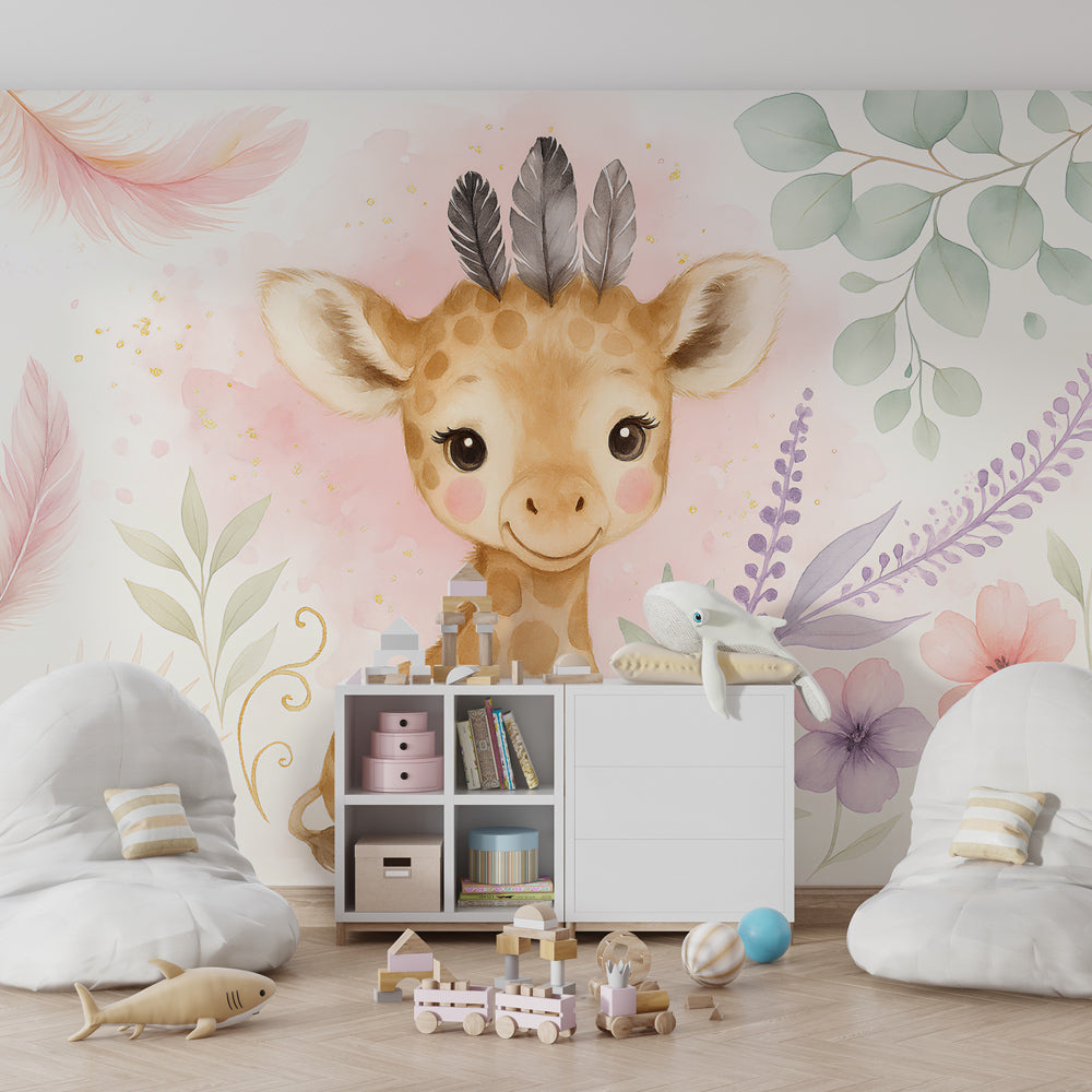 Gentle giraffe wallpaper creating peaceful atmosphere in children's bedroom decor