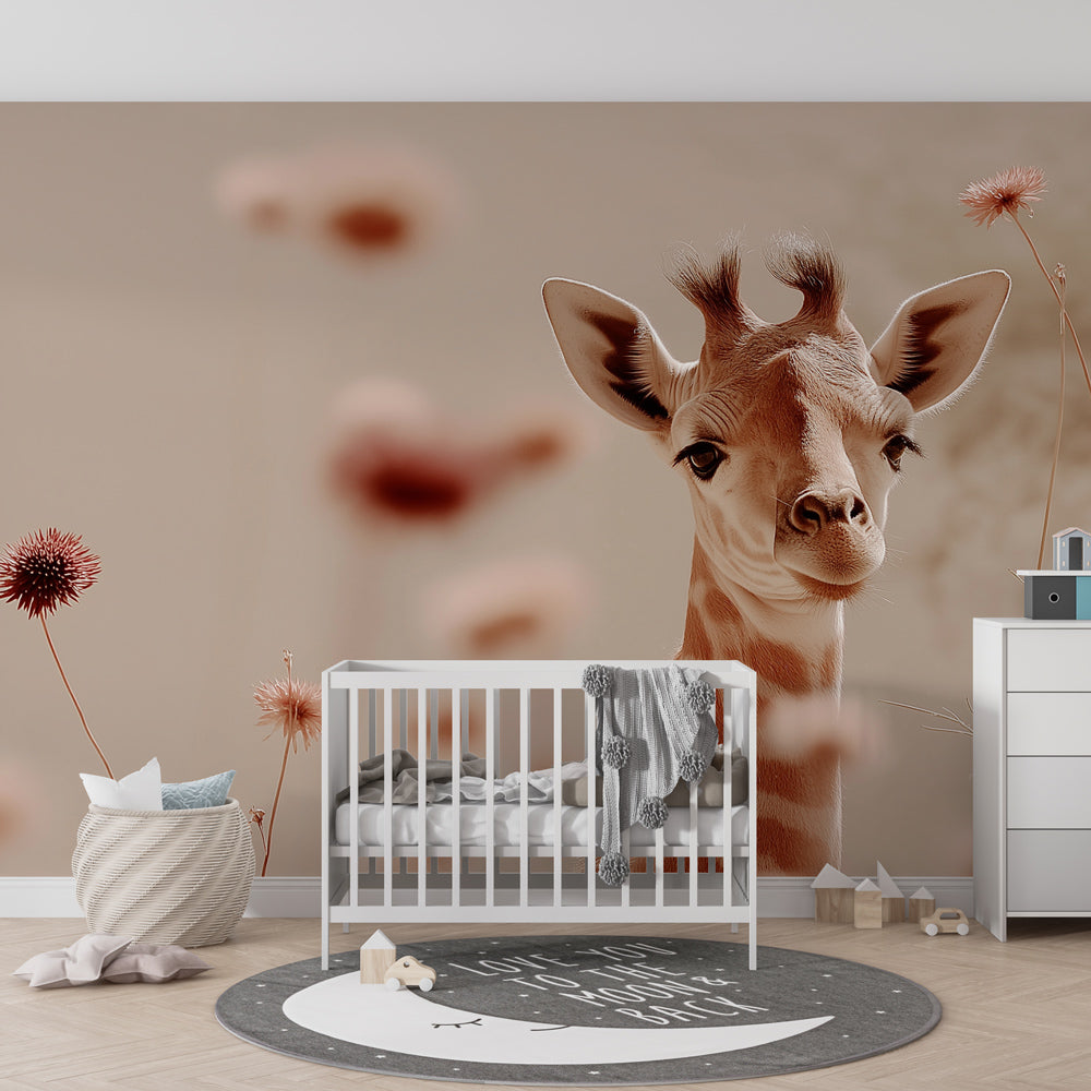 Peaceful baby room with giraffe mural wallpaper showcasing soft watercolor animal design by Kids-Mundo