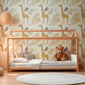 Tropical giraffe mural wallpaper inspiring imaginative play in kids playroom setting
