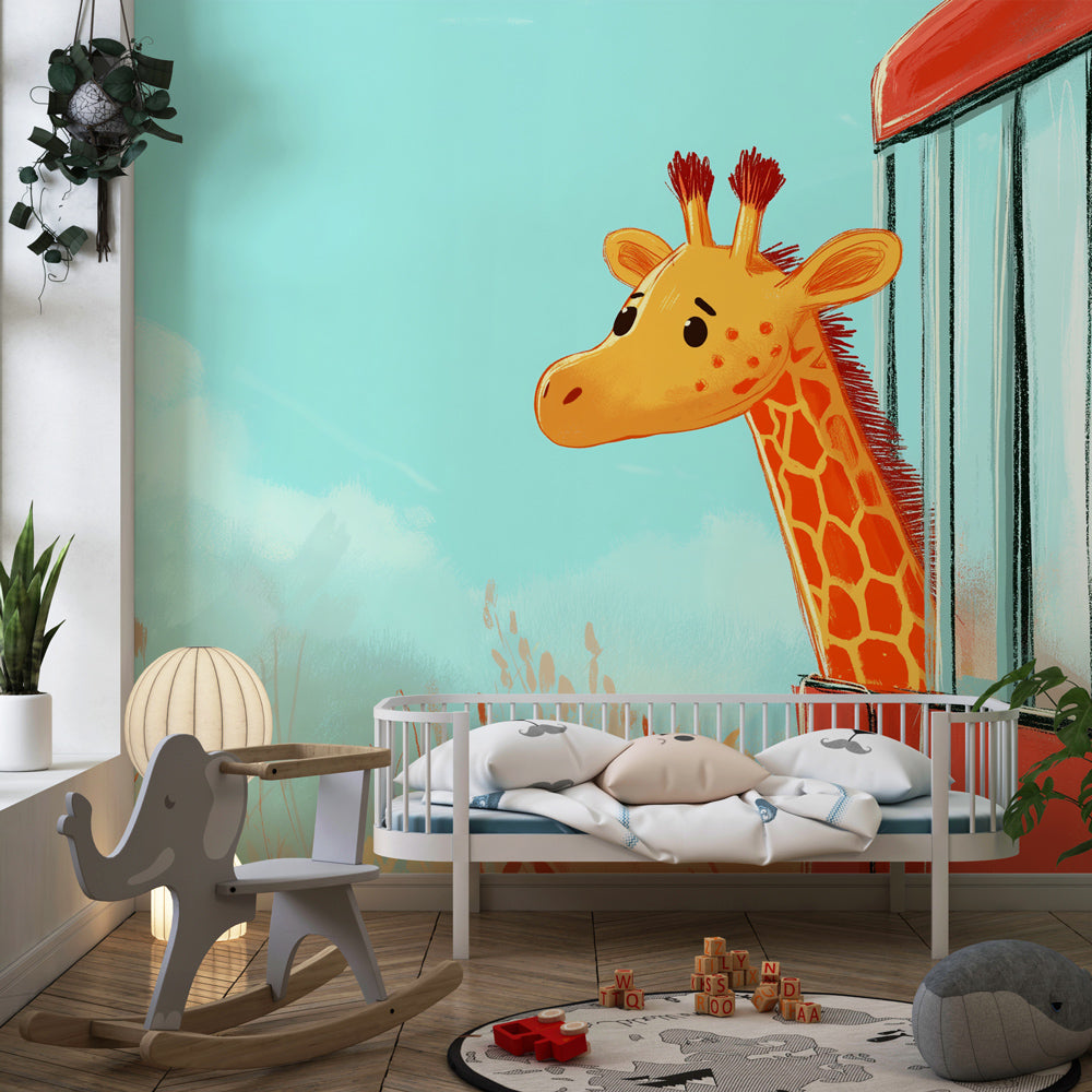 Animal mural wallpaper featuring friendly giraffe in colorful kids playroom by Kids-Mundo