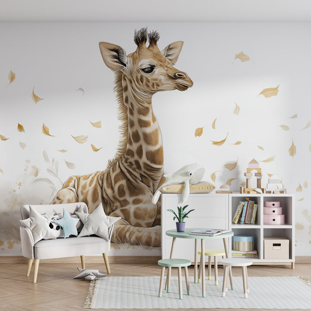Golden leaves giraffe mural wallpaper transforming kids playroom into safari retreat