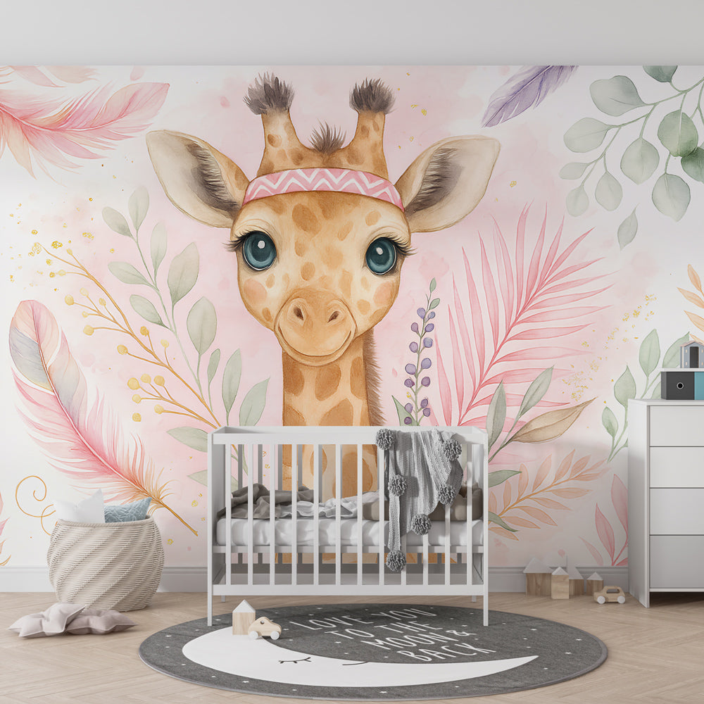 Tropical giraffe mural wallpaper transforming playroom into gentle safari adventure