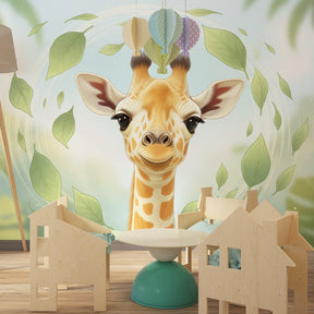 Adorable giraffe wallpaper transforming kids playroom with gentle jungle theme
