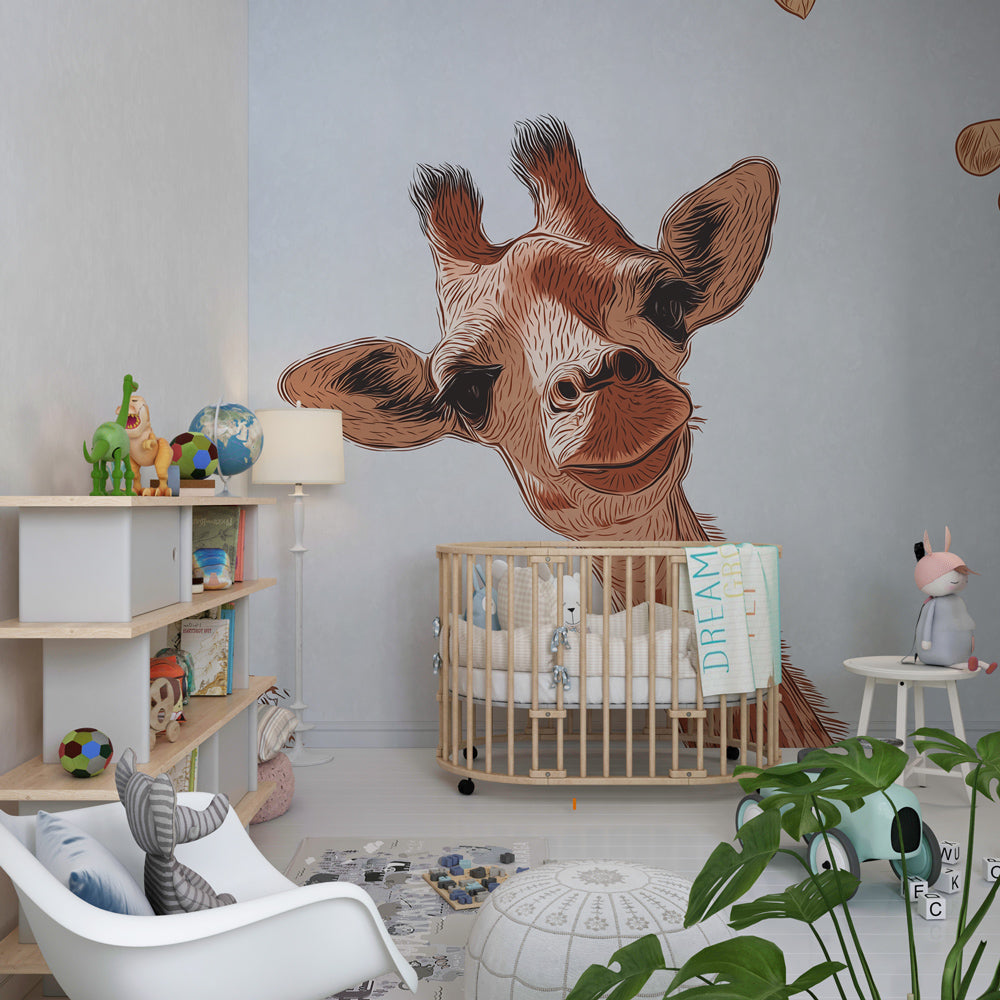 Curious giraffe animal wallpaper transforming children's playroom into safari adventure
