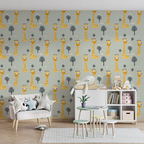 Joyful giraffe mural wallpaper in modern kids playroom with natural safari theme by Kids-Mundo