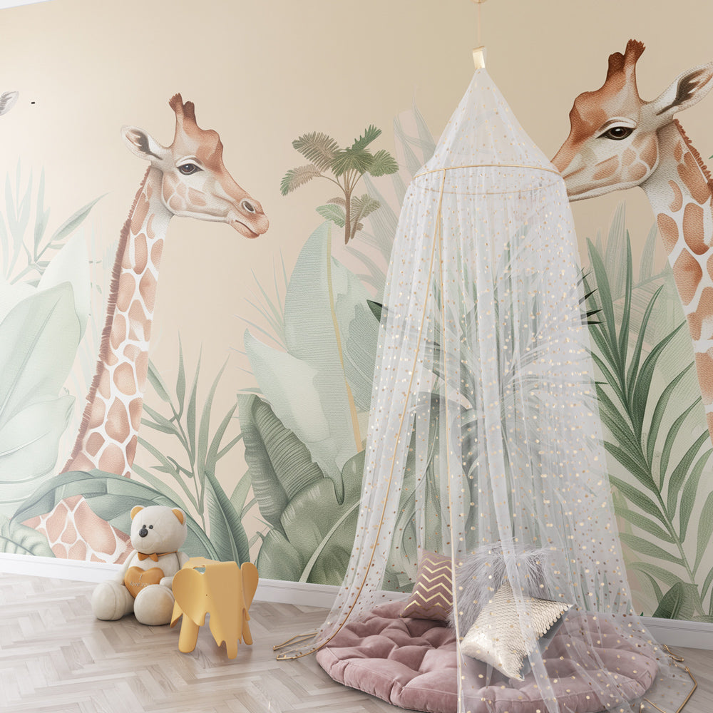 Safari giraffe mural wallpaper with natural jungle elements for kids playroom by Kids-Mundo