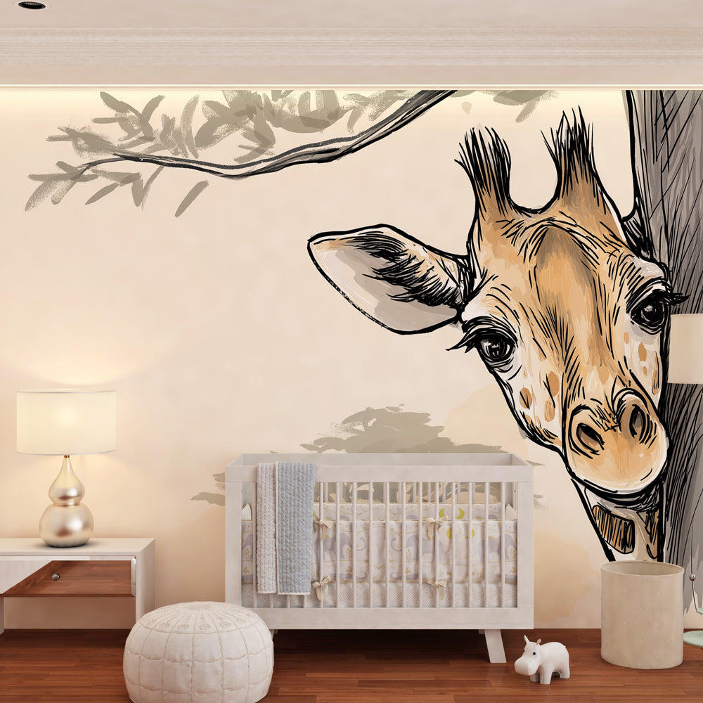 Curious giraffe mural wallpaper for kids playroom featuring natural beige tones and safari theme