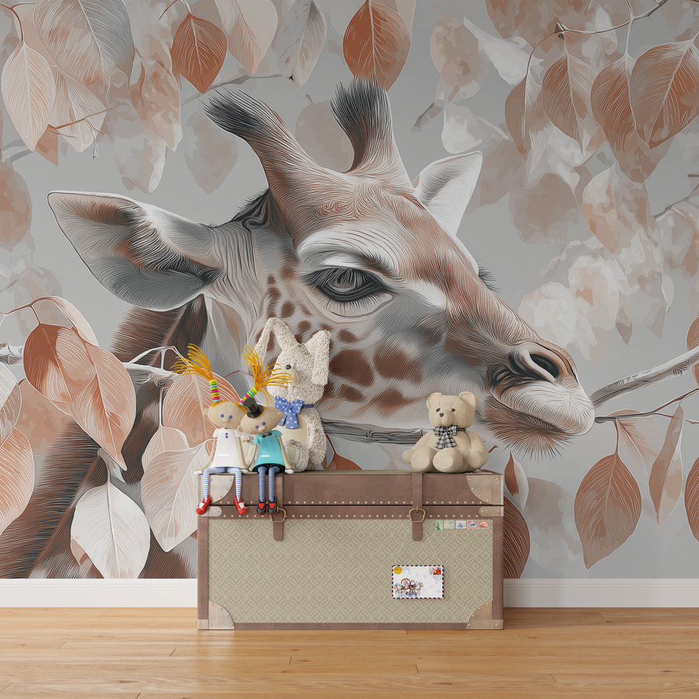 Nature-themed giraffe mural wallpaper transforming children's playroom into African safari