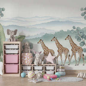 African safari mural wallpaper with giraffes creating adventurous playroom atmosphere