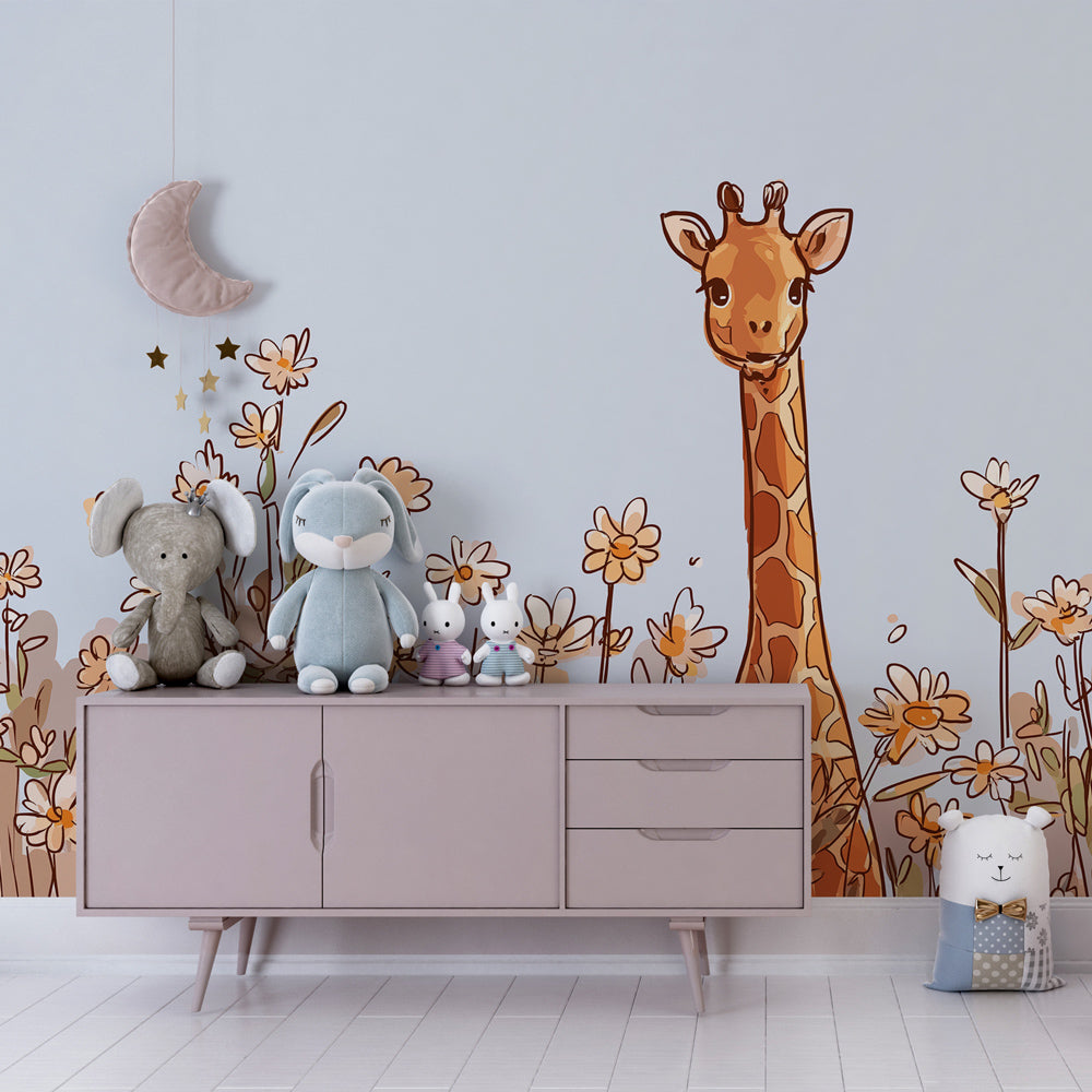 Smiling giraffe among flowers mural wallpaper for kids playroom by Kids-Mundo