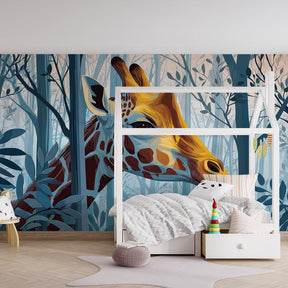 Jungle giraffe mural wallpaper transforming kids playroom into safari adventure space