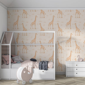 Delicate giraffe mural wallpaper in bright playroom setting showcasing gentle animal theme decor