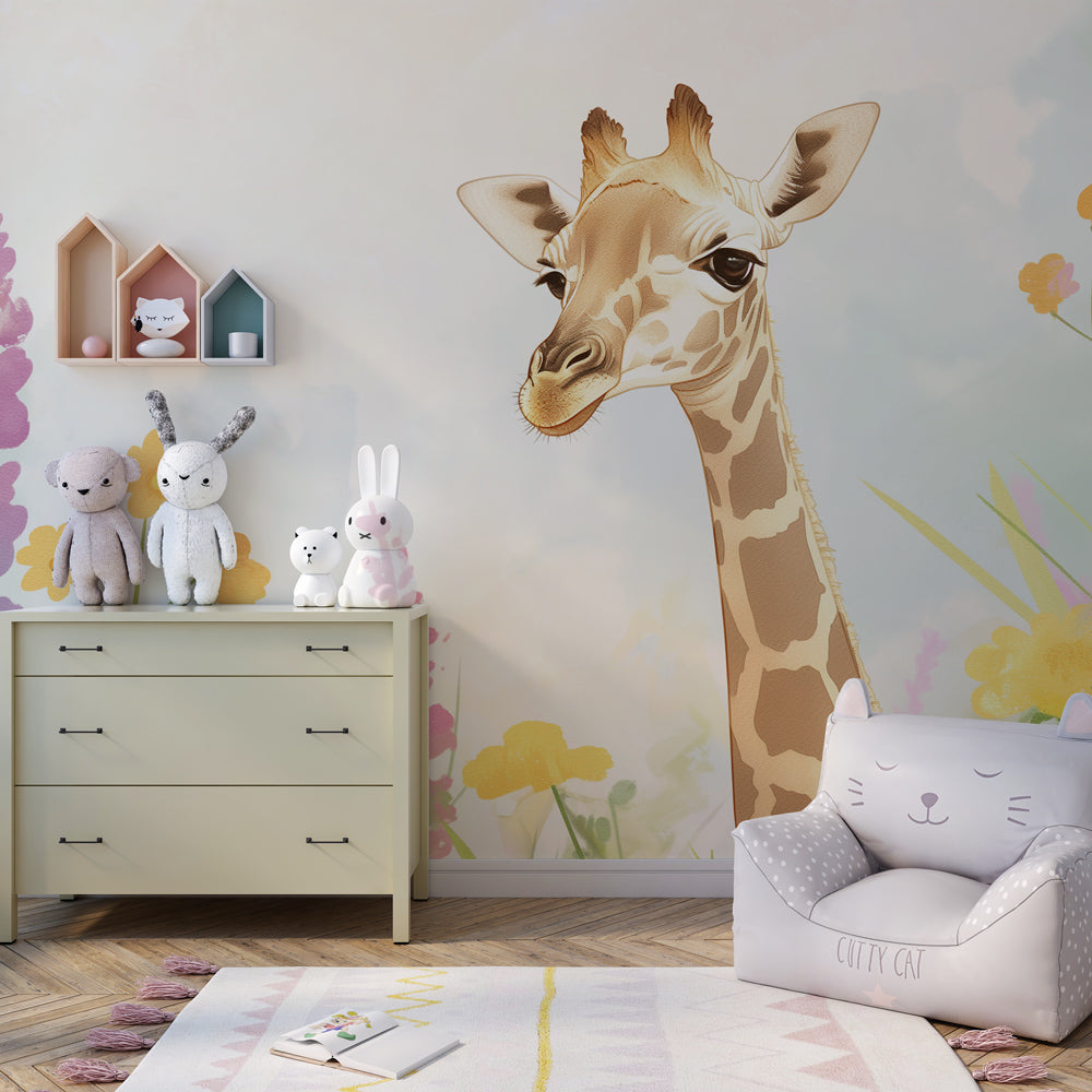 Nature-themed giraffe mural wallpaper transforming bright kids playroom space