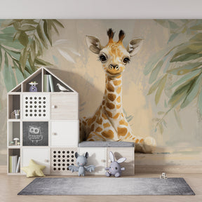 Gentle giraffe and foliage mural wallpaper transforming kids room into nature sanctuary
