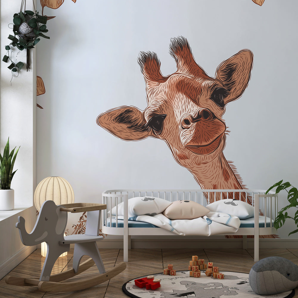 Safari giraffe wallpaper creating adventurous kids bedroom decor with blue sky background