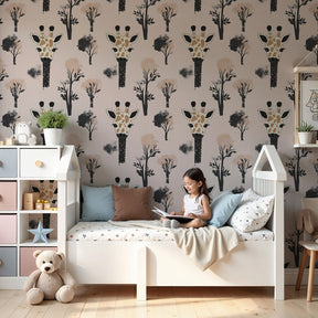 Giraffe safari mural wallpaper in modern nursery with neutral decor by Kids-Mundo