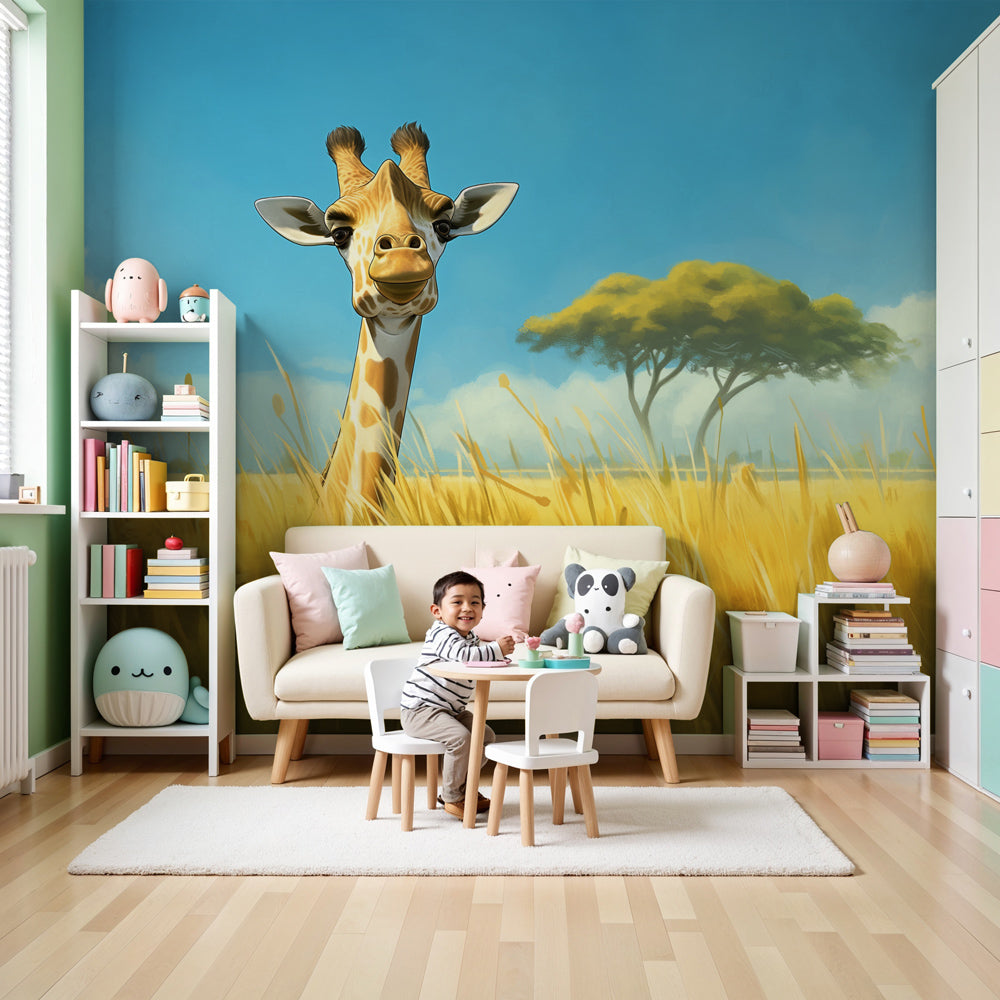 Giraffe mural wallpaper creating safari-themed nursery decor with golden savanna design by Kids-Mundo