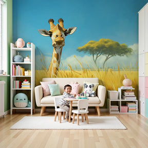 Giraffe mural wallpaper creating safari-themed nursery decor with golden savanna design by Kids-Mundo