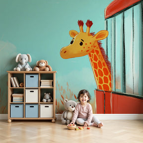 Curious giraffe mural wallpaper creating adventurous safari nursery decor by Kids-Mundo