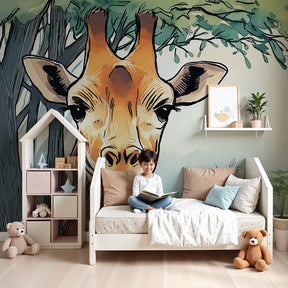 Curious giraffe mural wallpaper in modern nursery with natural wood furniture by Kids-Mundo