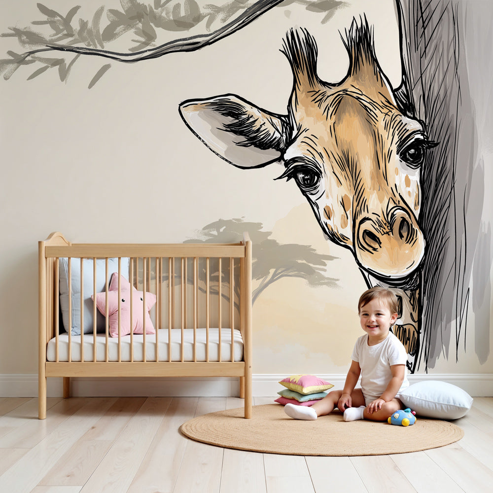 Giraffe mural wallpaper creating safari-themed nursery with curious giraffe and acacia tree by Kids-Mundo