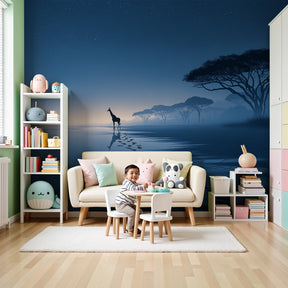 Giraffe starry night mural wallpaper in peaceful nursery setting by Kids-Mundo