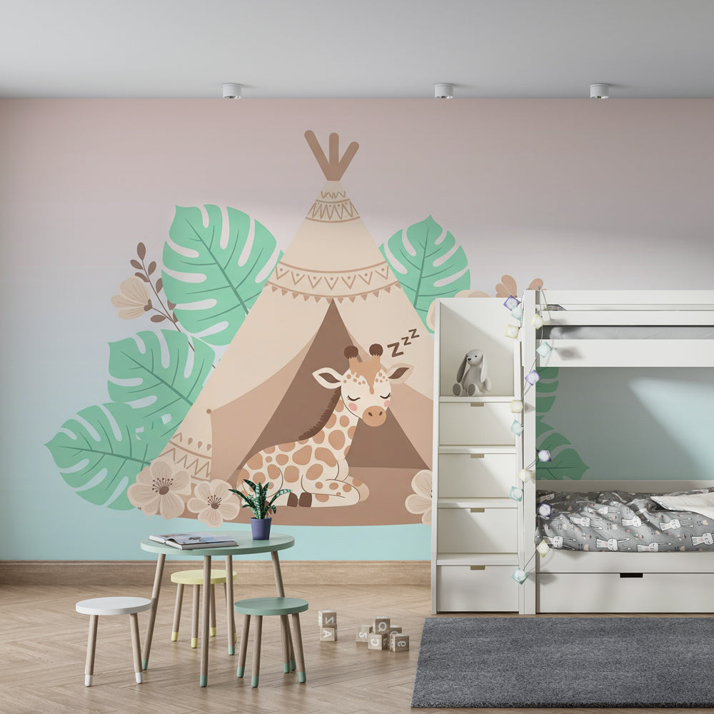 Safari giraffe wallpaper creating cozy children's bedroom decor with pastel colors