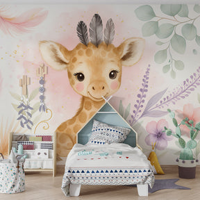 Floral giraffe mural wallpaper transforming toddler room into safari wonderland
