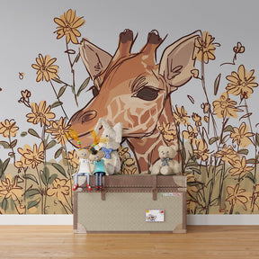 Floral giraffe mural wallpaper transforming bright toddler playroom space