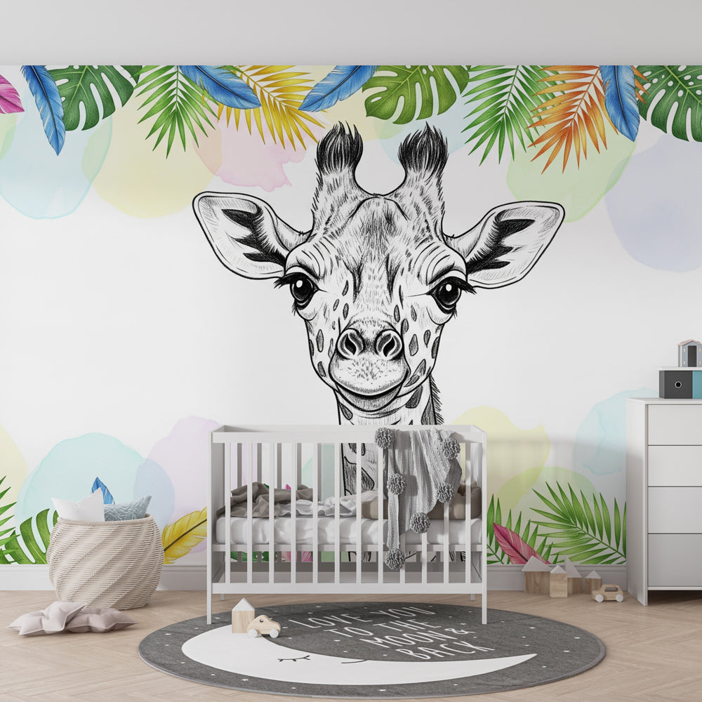 Safari animal mural wallpaper featuring gentle giraffe in bright toddler playroom setting