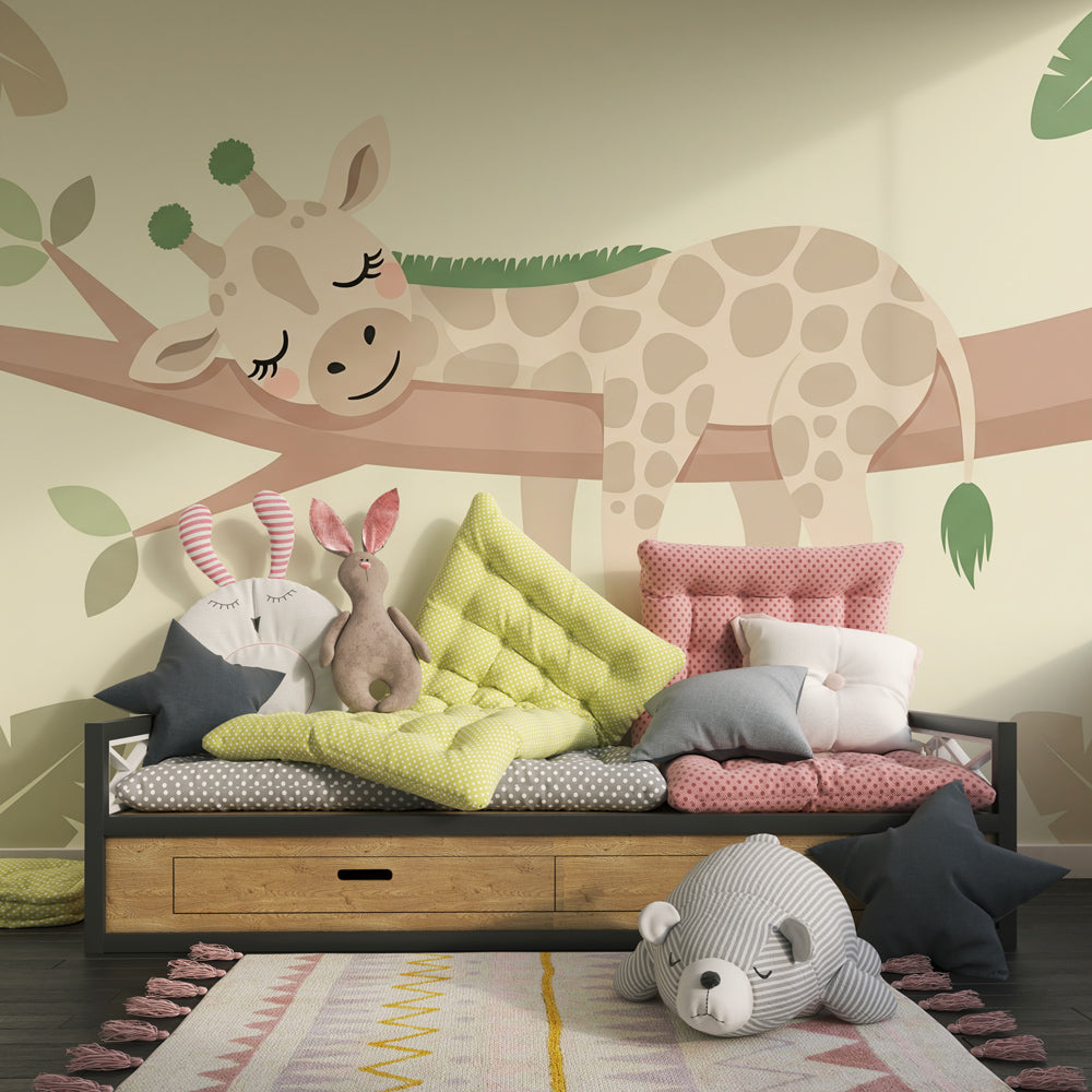 Animal themed giraffe mural wallpaper transforming toddler room into peaceful woodland sanctuary
