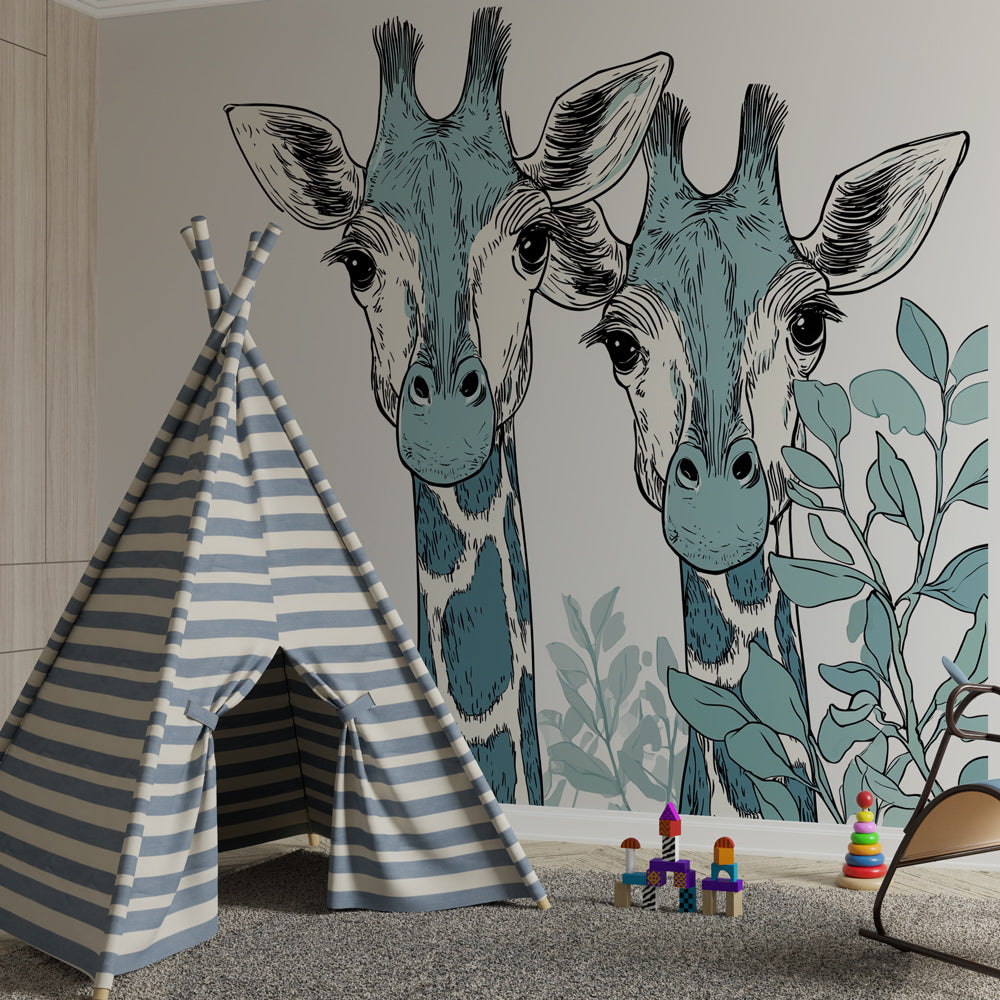 Delicate giraffe mural wallpaper transforming toddler room with gentle safari animals and leaves