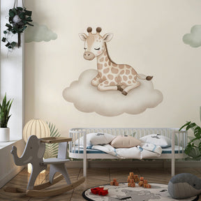 Baby animal wallpaper with giraffe and tropical leaves for calm nursery decor