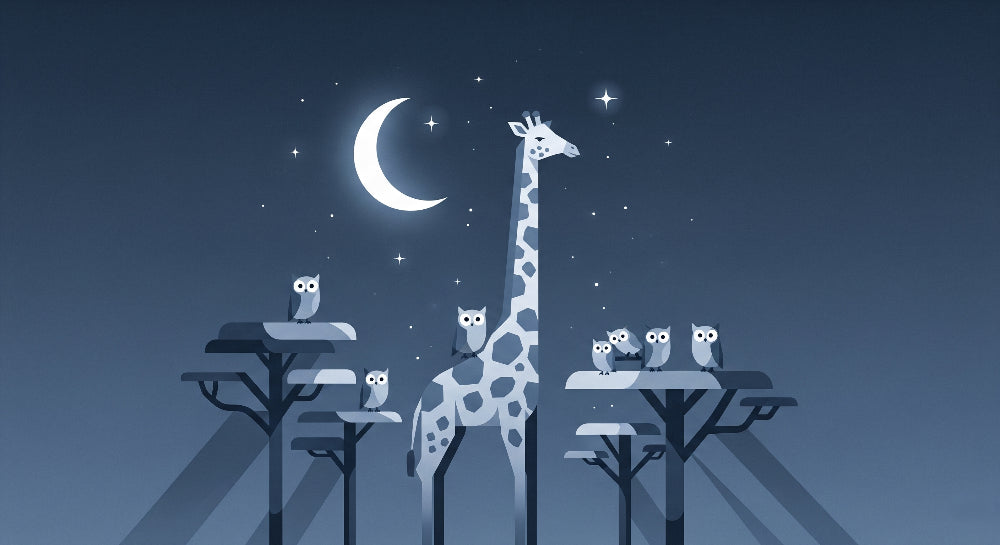 Detailed giraffe and owl mural wallpaper design pattern with moonlit night sky by Kids-Mundo