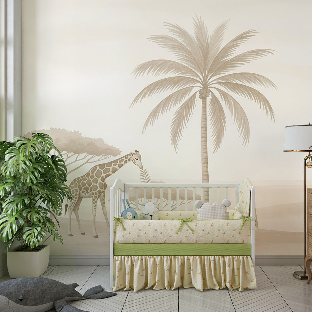Kids-Mundo giraffe and palm tree wall mural behind a bed in a cosy kids' bedroom