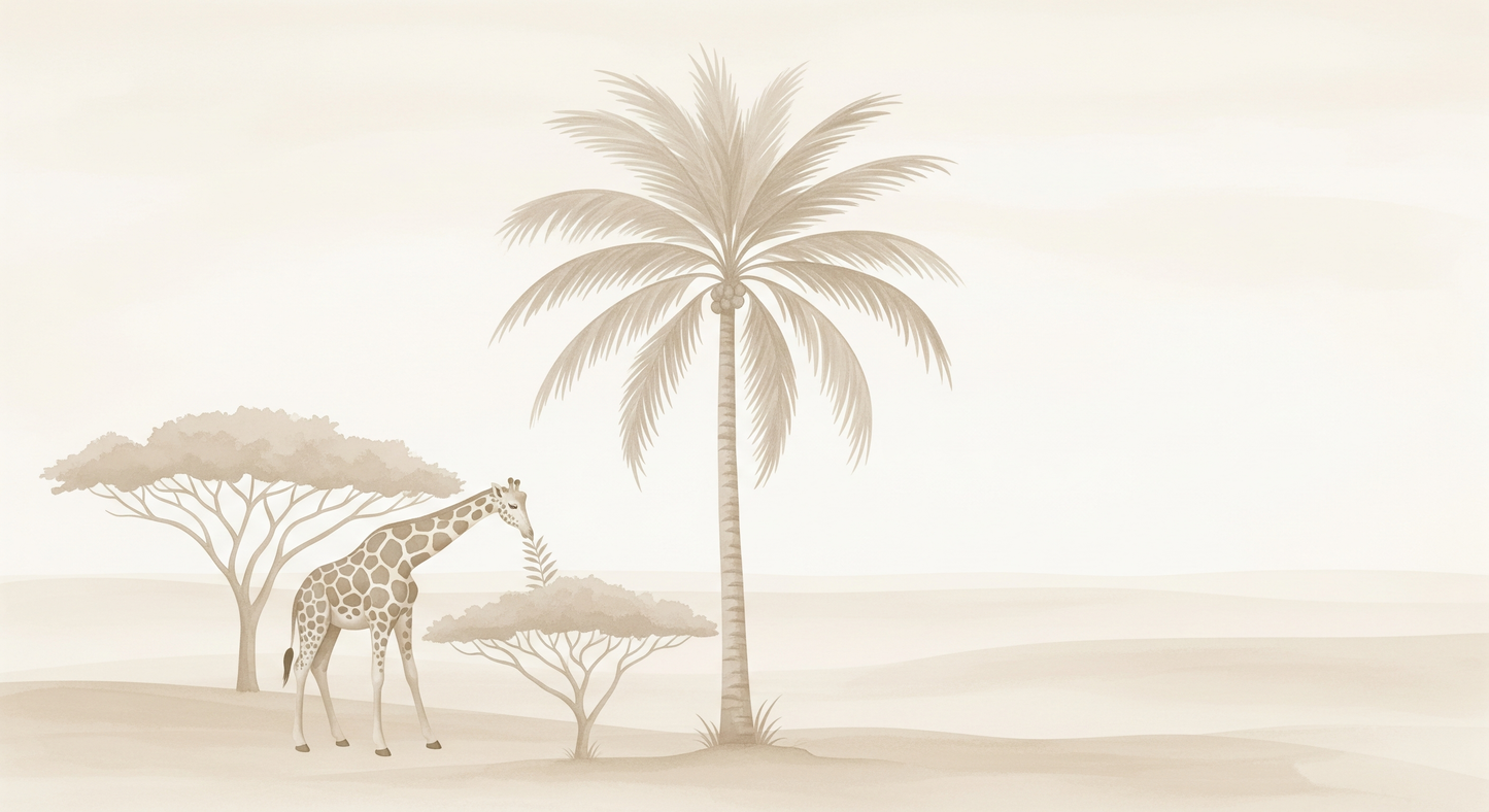 Kids-Mundo flat artwork of the giraffe and palm tree safari used for the wall mural