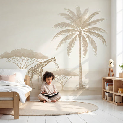 Kids-Mundo giraffe safari wall mural styled above a cot in a warm, sunlit nursery