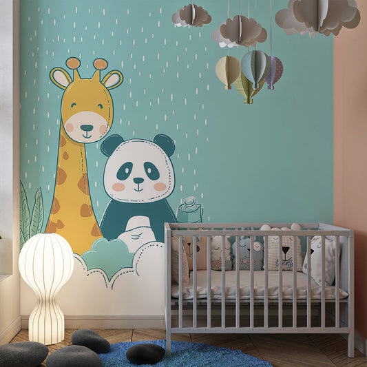 Kids-Mundo giraffe and panda wall mural behind a bed in a calm kids bedroom setting