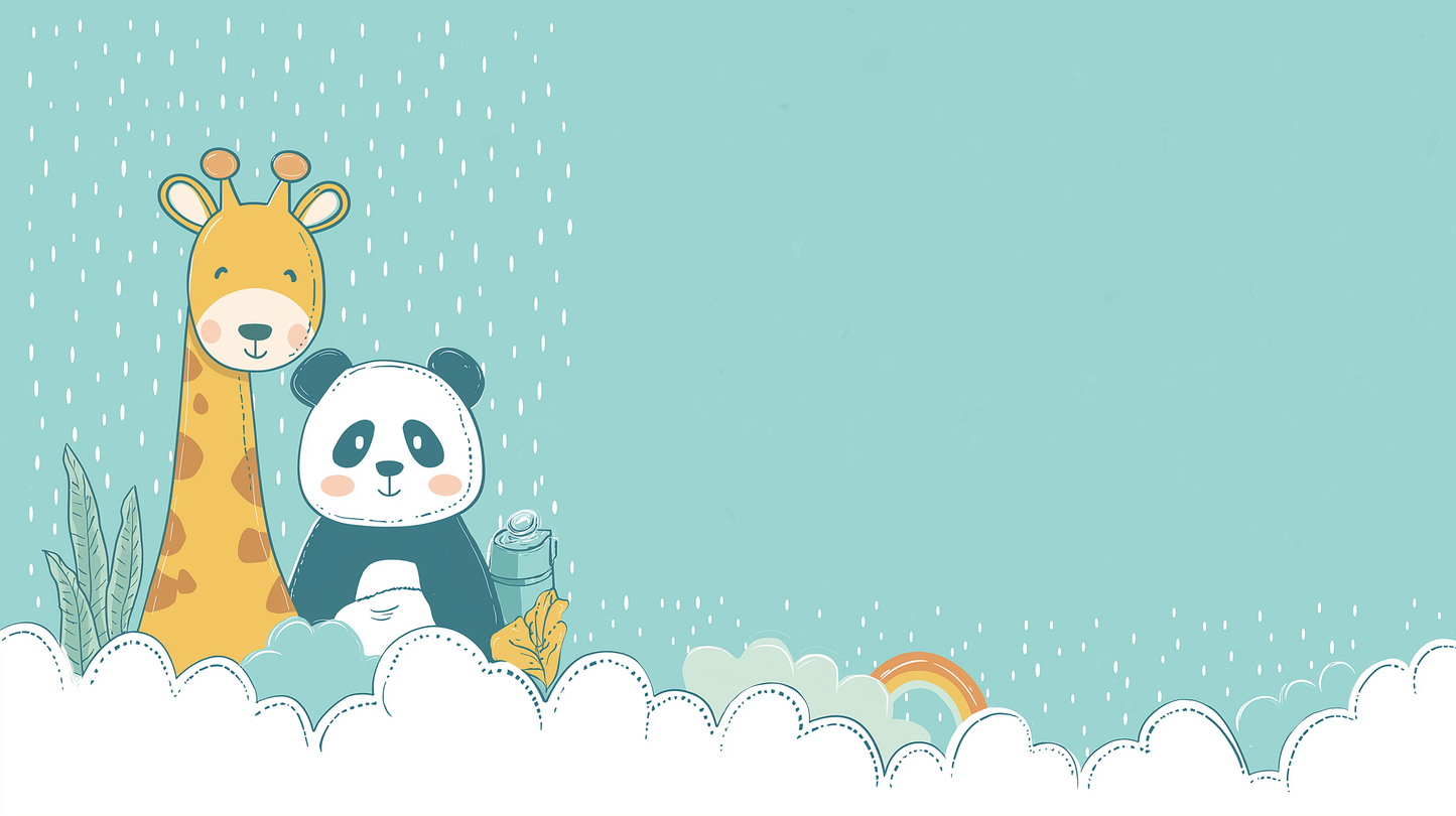 Flat artwork of the Kids-Mundo giraffe and panda wall mural showing rain, clouds and a rainbow