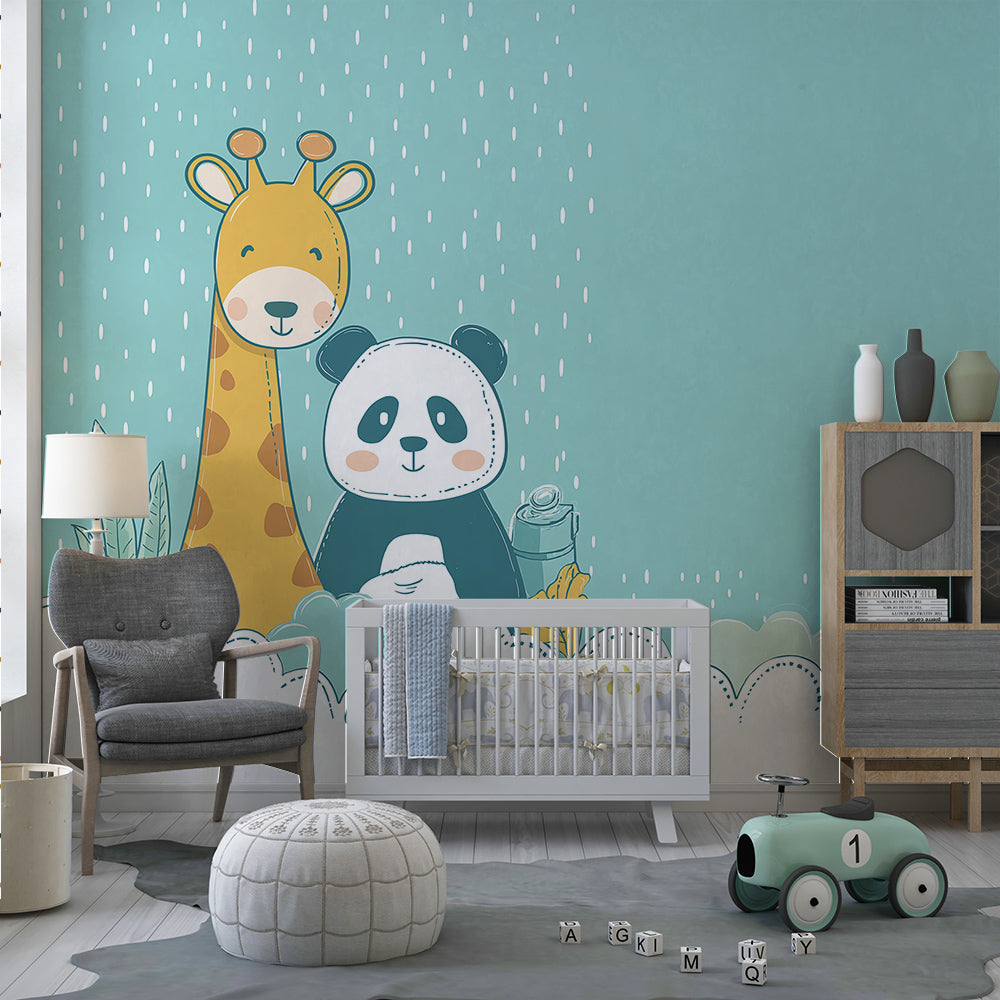 Giraffe and panda rain design wall mural by Kids-Mundo in a bright playroom corner