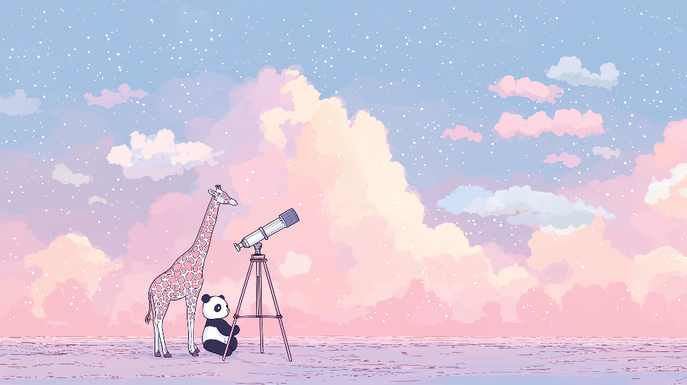 Kids-Mundo flat artwork of a giraffe and panda stargazing under a pastel starry sky