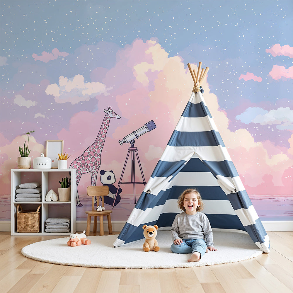 Kids-Mundo giraffe and panda wall mural styled in a pastel pink nursery with a cot and soft lighting