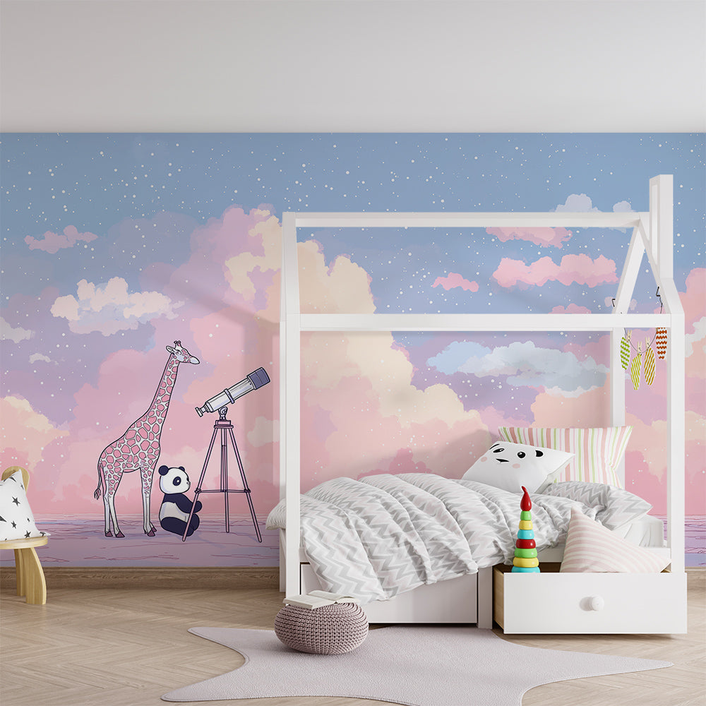 Kids-Mundo giraffe and panda wall mural adding a dreamy pastel backdrop to a playroom
