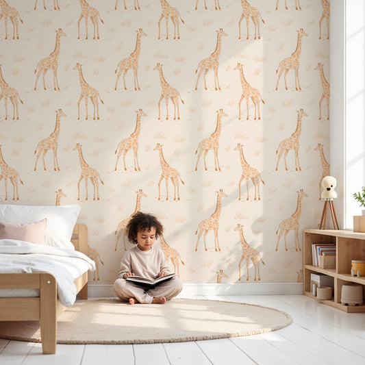 Kids-Mundo giraffe pattern wall mural in a warm cream nursery with a wooden cot and soft rug.