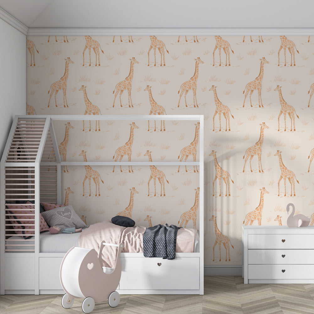Kids-Mundo giraffe pattern wall mural in a bright playroom with wooden toy storage and floor cushions.