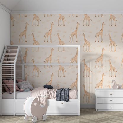 Kids-Mundo giraffe pattern wall mural in a bright playroom with wooden toy storage and floor cushions.