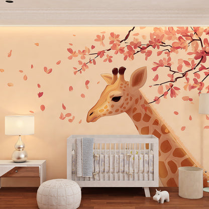 Kids-Mundo giraffe and blossom wall mural styled in a modern kids bedroom