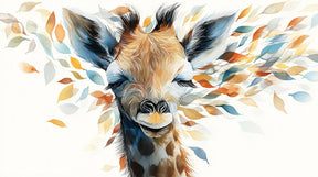 Detailed giraffe portrait mural wallpaper design pattern with colorful leaves by Kids-Mundo