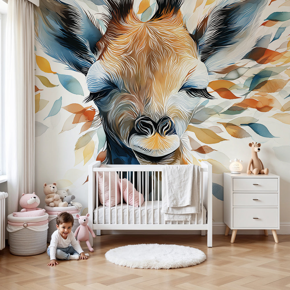 Giraffe portrait mural wallpaper with colorful leaves in modern nursery room by Kids-Mundo